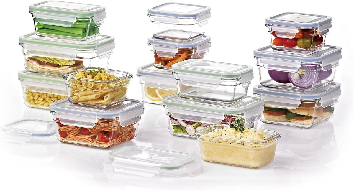 28-Piece Oven, Freezer and Microwave-Safe Stackable Glass Food Storage Container Set with Latching Lids A5105