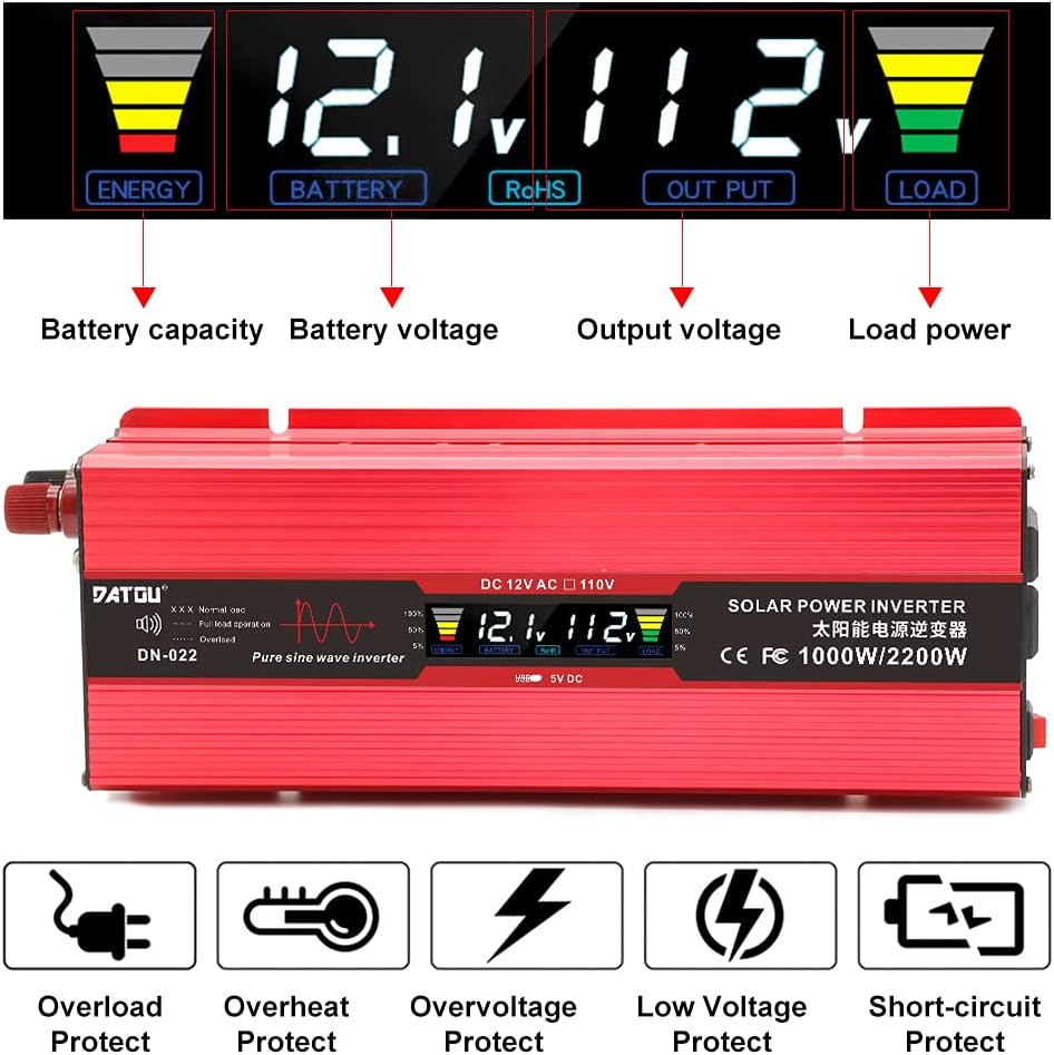 1000W Pure Sine Wave Power Inverter 12V 110V DC to AC Car Inverter with LED Display F608388