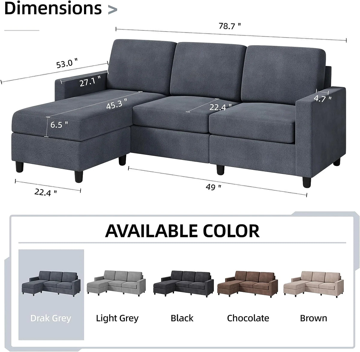 Dark Grey L-Shaped Convertible Sectional Sofa L22883