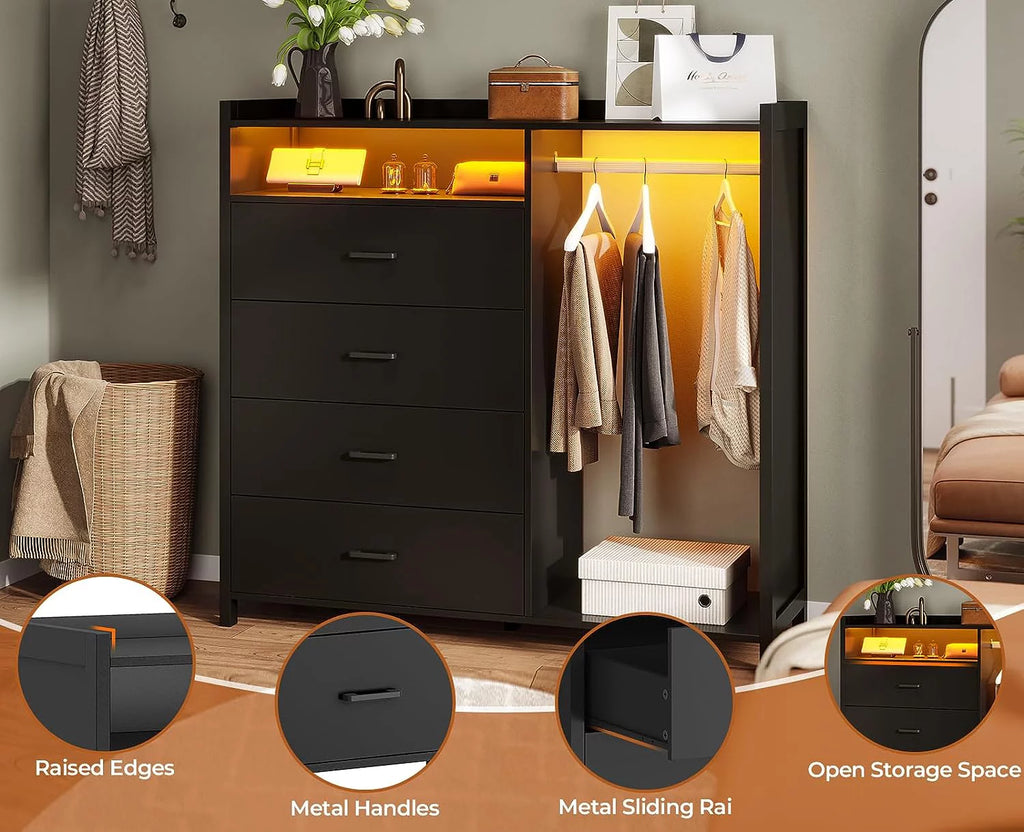 Black Dresser with Clothing Rack & 4 Drawers K34829