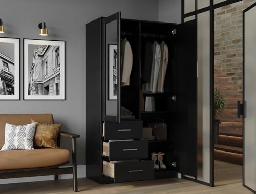 100% Solid Wood Wardrobe with Mirror, Mocha N578637