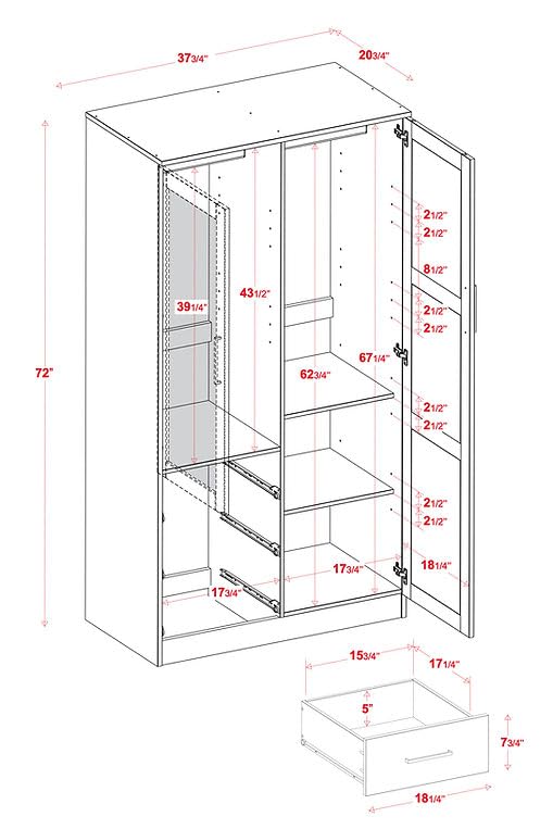 100% Solid Wood Wardrobe with Mirror, Mocha N578637