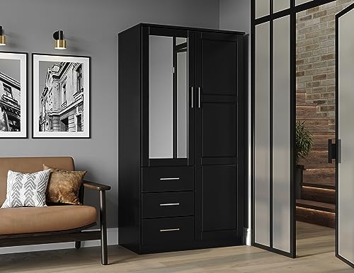 100% Solid Wood Wardrobe with Mirror, Mocha N578637