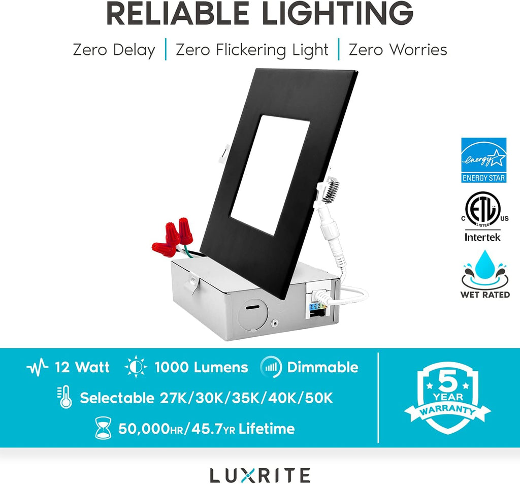 6 Inch Square LED Recessed Lighting, 12W, 1000 Lumens, Black Trim (4 Pack) S8155