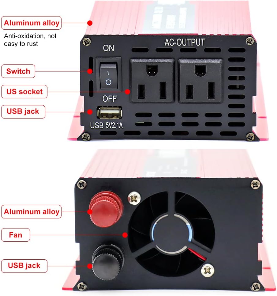 1000W Pure Sine Wave Power Inverter 12V 110V DC to AC Car Inverter with LED Display F608388