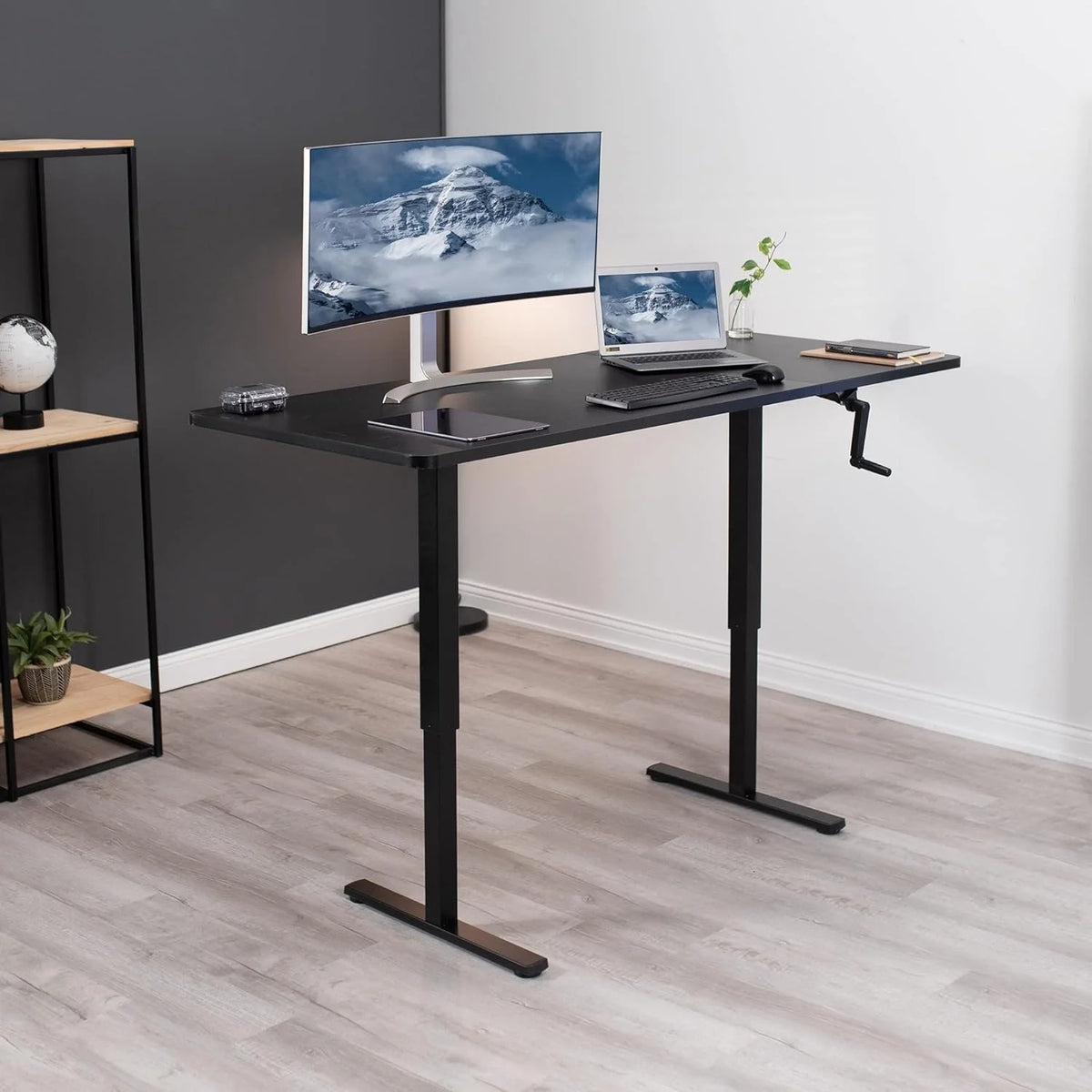 Manual Height Adjustable 71 X 30 Inch Stand Up Desk, Black Table Top, White Frame Q967997