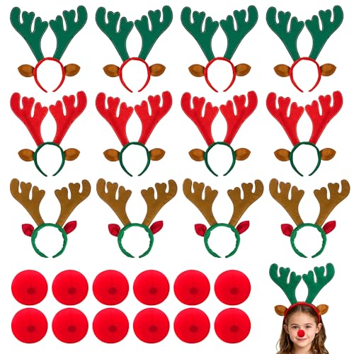 12 Pcs Brown Reindeer Antlers Headband with Red Noses D932156