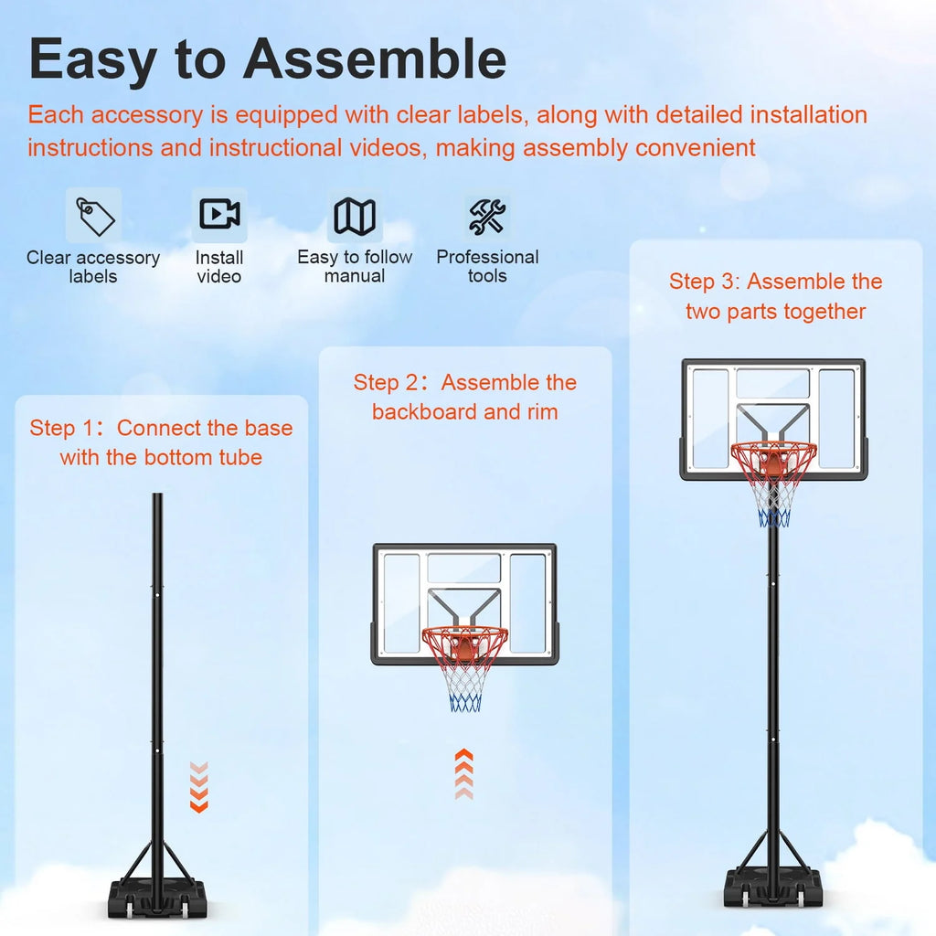 Height Adjustable Portable Basketball Hoop with Shatterproof PVC Backboard and 18 Rim I568