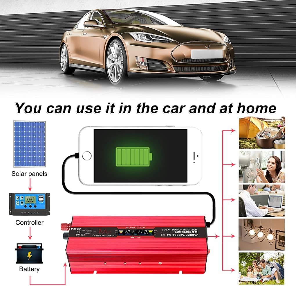 1000W Pure Sine Wave Power Inverter 12V 110V DC to AC Car Inverter with LED Display F608388